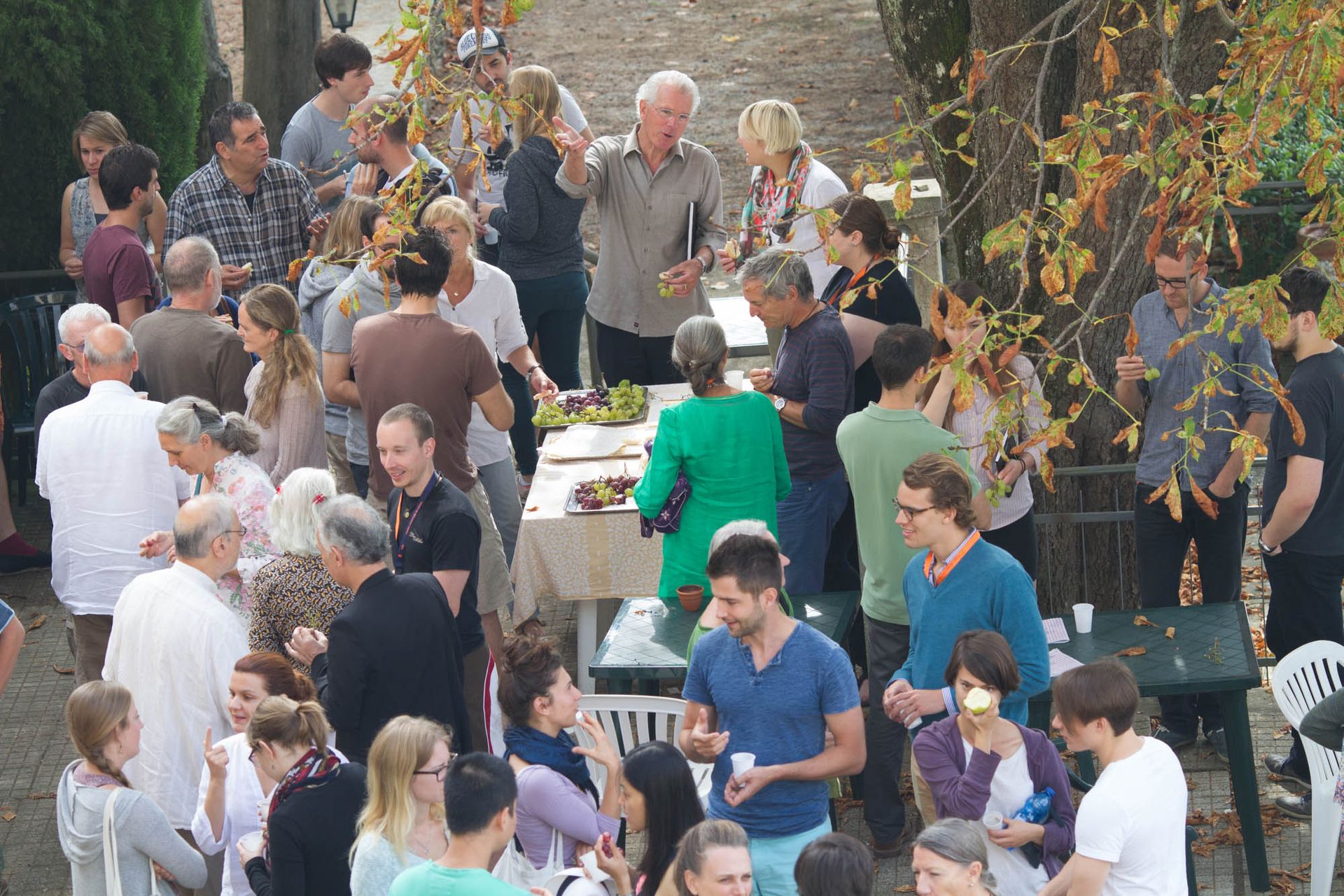Several generations and disciplines working in outdoor discussion circles.